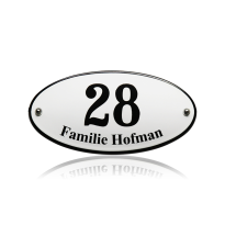 Emaille huisnummer met naam wit, 200x 100mm, gebold ovaal