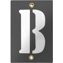 Emaille industrieel grijs huisnummerbord met witte letter 'B', 120x80 mm