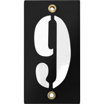 Emaille industrieel zwart huisnummerbord '9' met witte cijfers, 100x40 mm