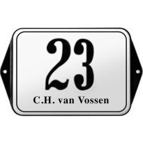 Klassiek bord huisnummer met naam, emaille wit/zwart met kader,160x120mm