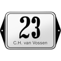 Klassiek bord huisnummer met naam, emaille wit/zwart met kader,160x120mm
