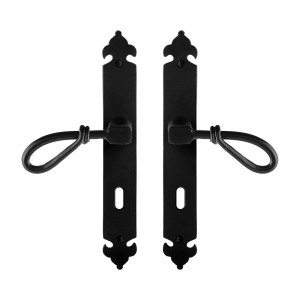 GPF6255.60 smeedijzer zwarte deurkruk Sula op langschild BB72, 291x41x4mm