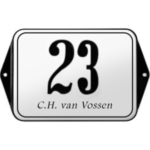 Klassiek bord huisnummer met naam, emaille wit/zwart met kader, 160x120mm