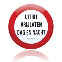 Emaille veiligheidsbord 'Uitrit vrijlaten dag en nacht' rond