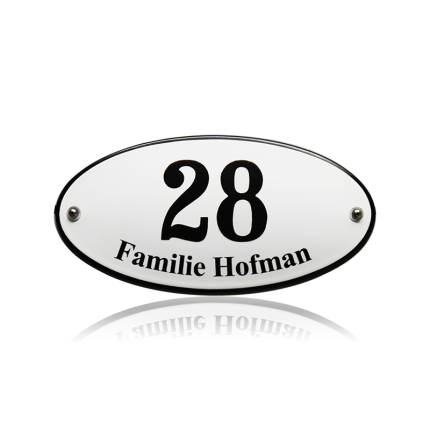 Emaille huisnummer met naam wit, 200x 100mm, gebold ovaal