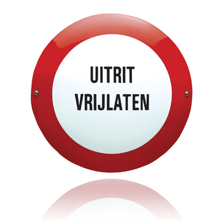Emaille veiligheidsbord 'Uitrit vrijlaten' rond