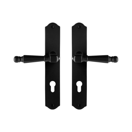 GPF6210.60 smeedijzer zwarte deurkruk Mela op schild PC72, 238x41x4mm