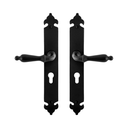 GPF6215.60 smeedijzer zwarte deurkruk Muki op langschild PC55, 291x41x4mm