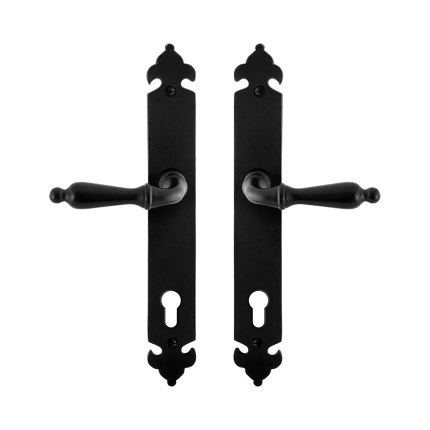 GPF6215.60 smeedijzer zwarte deurkruk Muki op langschild PC92, 291x41x4mm