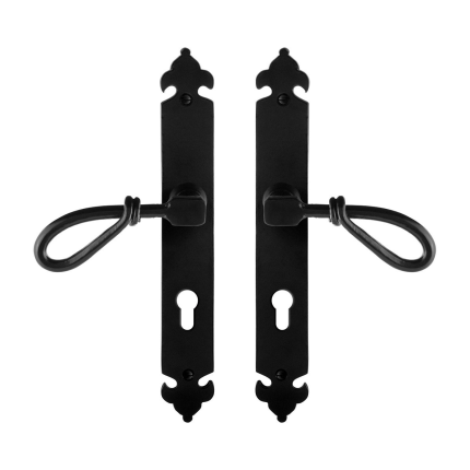 GPF6255.60 smeedijzer zwarte deurkruk Sula op langschild PC72, 291x41x4mm