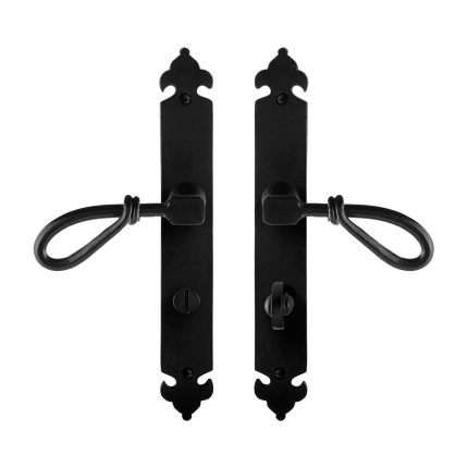 GPF6255.60 smeedijzer zwarte deurkruk Sula op langschild WC72/8, 291x41x4mm