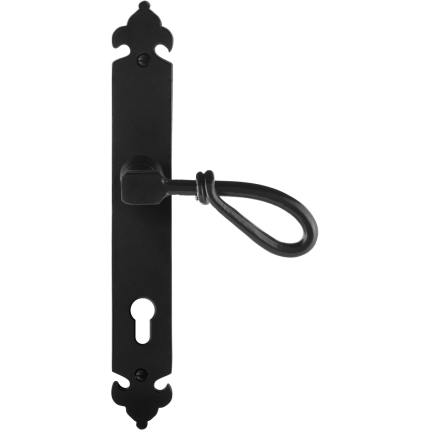 GPF6255.60R smeedijzer zwarte deurkruk Sula op langschild PC85 291x41x4mm, rechtswijzend