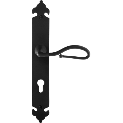 GPF6260.60R smeedijzer zwarte deurkruk Lumi op langschild PC72 291x41x4mm, rechtswijzend
