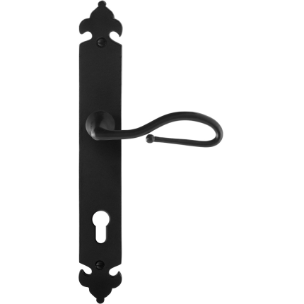 GPF6260.60R smeedijzer zwarte deurkruk Lumi op langschild PC85 291x41x4mm, rechtswijzend