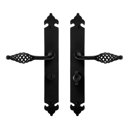 GPF6265.60 smeedijzer zwarte deurkruk Tane op langschild WC55/8, 291x41x4mm