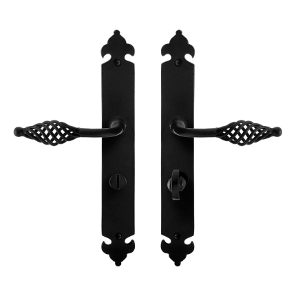 GPF6265.60 smeedijzer zwarte deurkruk Tane op langschild WC63/8, 291x41x4mm