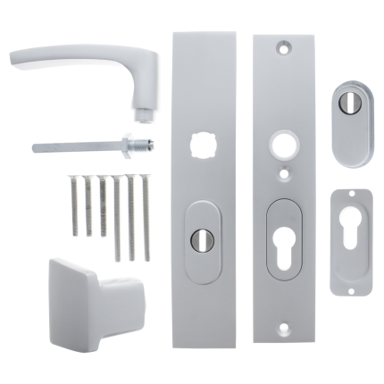 Starx deurkruk en voordeurknop op kortschild SKG*** met kerntrekbeveiliging 195x50mm PC55/72 Aluminium F1