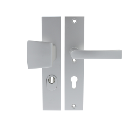 Starx deurkruk en voordeurknop op langschild SKG*** met kerntrekbeveiliging 245x50mm PC72 Aluminium F1