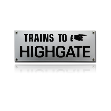 TR-33 emaille trein en tram bord 'Trains to highgate'