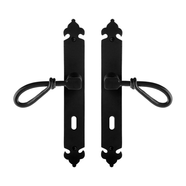 GPF6255.60 smeedijzer zwarte deurkruk Sula op langschild BB72, 291x41x4mm